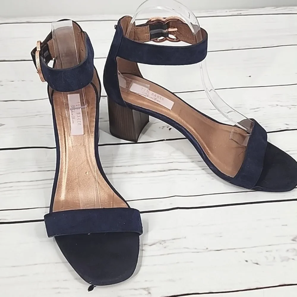 Ted Baker Qarvas Navy Blue Suede Open Toe Ankle Strap Sandals 9.5